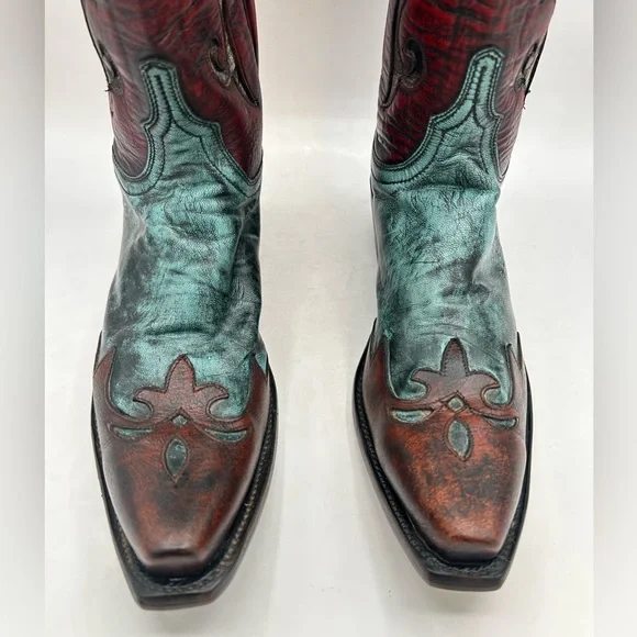 Lucchese Women’s Western Cowboy Boots Red Teal & Brown Distressed Leather Size 7 - Picture 8 of 17